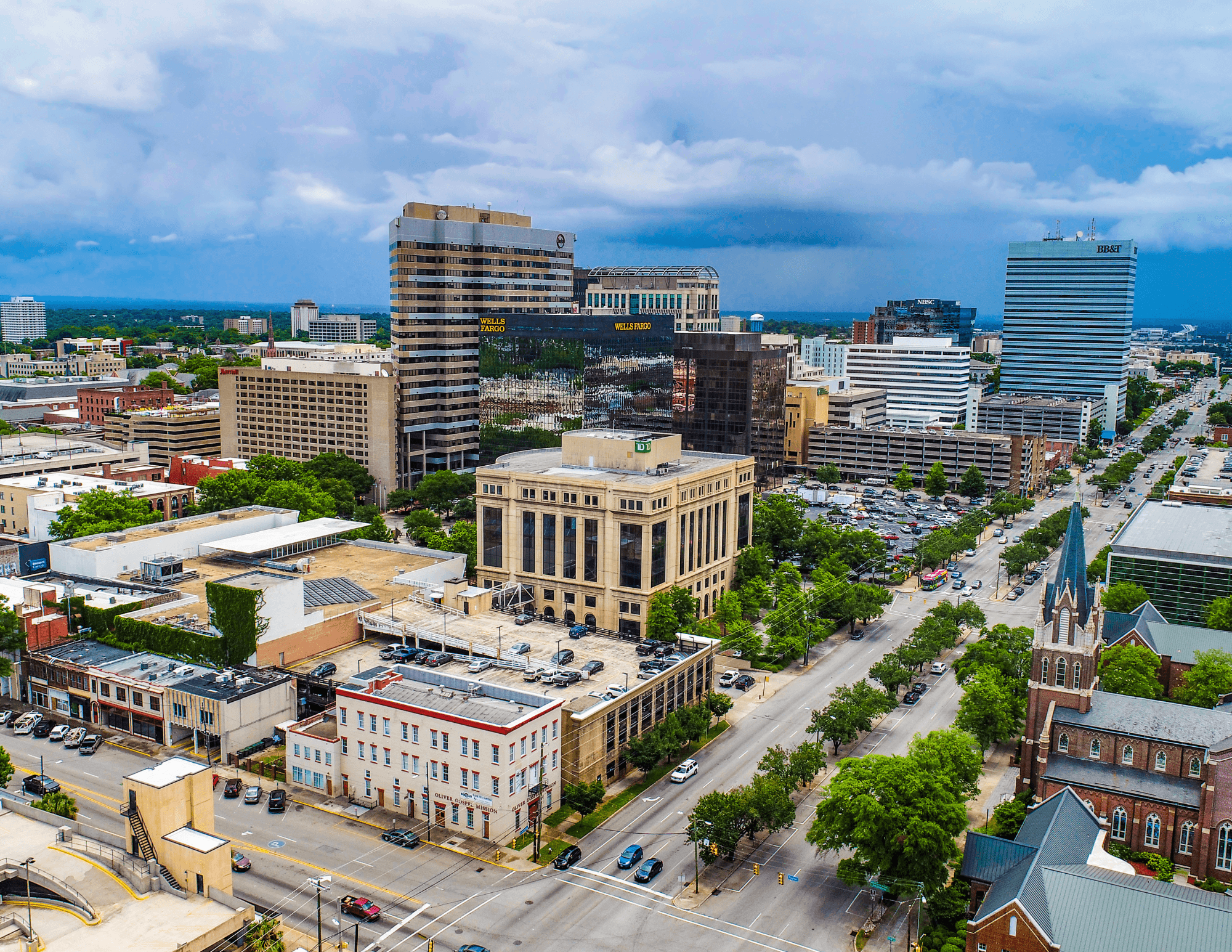 City skyline with office buildings and surrounding real estate